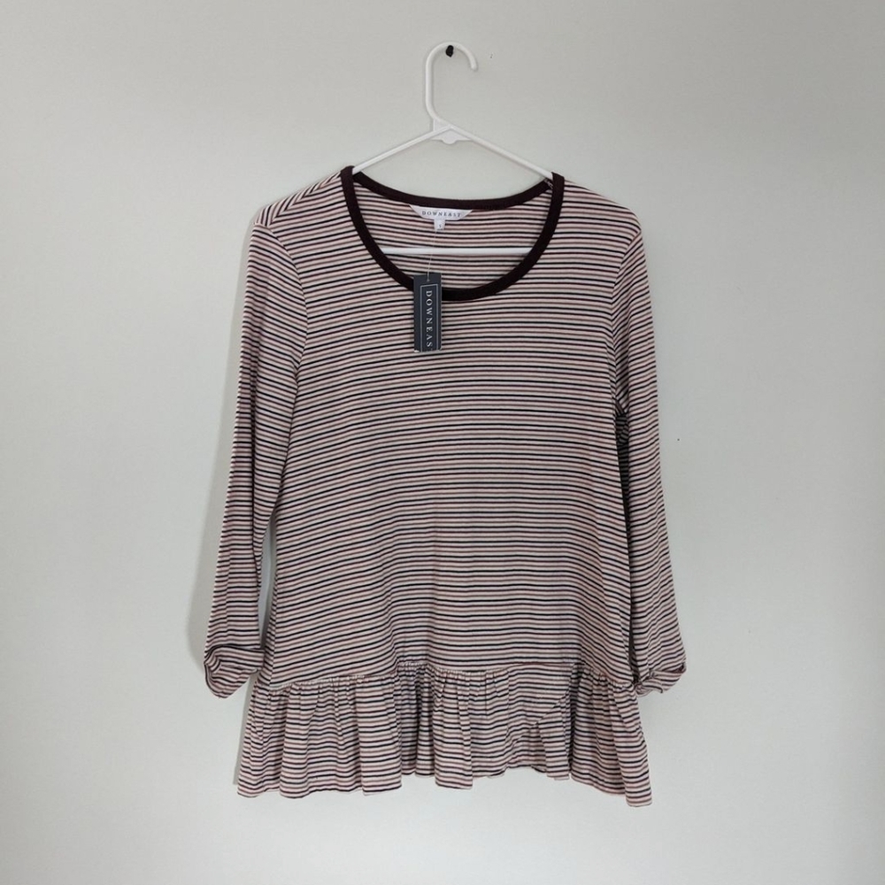 NWT Downeast Burgundy Striped Ruffle Hem Shirt - Picture 2 of 6